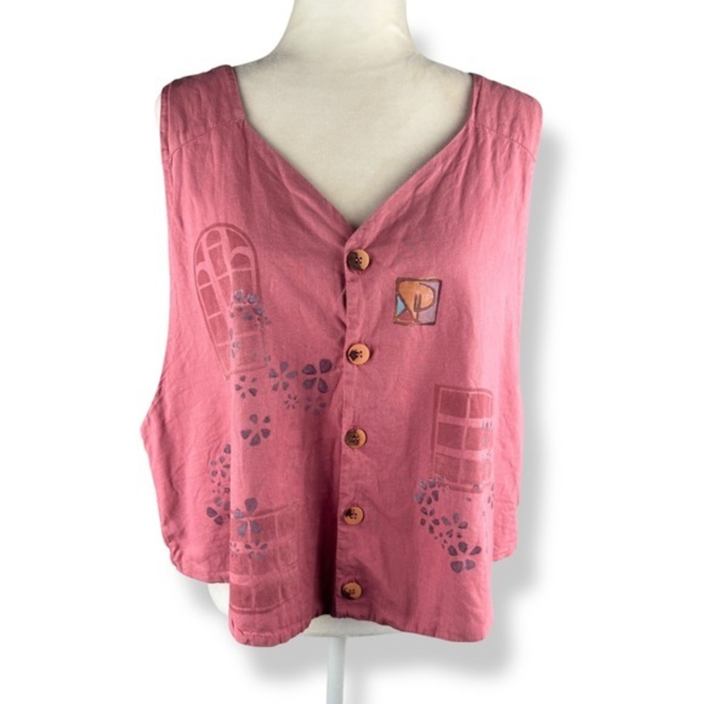 Blue Fish Vest Womens Size Large Hand Painted Boho Artsy Vintage 90s Artisan Top